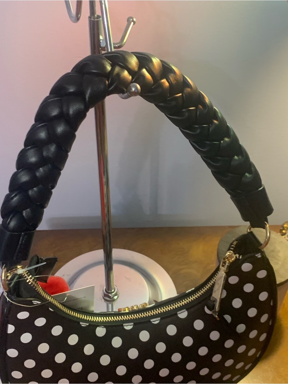 Betsey Johnson Black & White Polka Dot Crescent Satchel with Red Pom Pom - Picture 8 of 13
